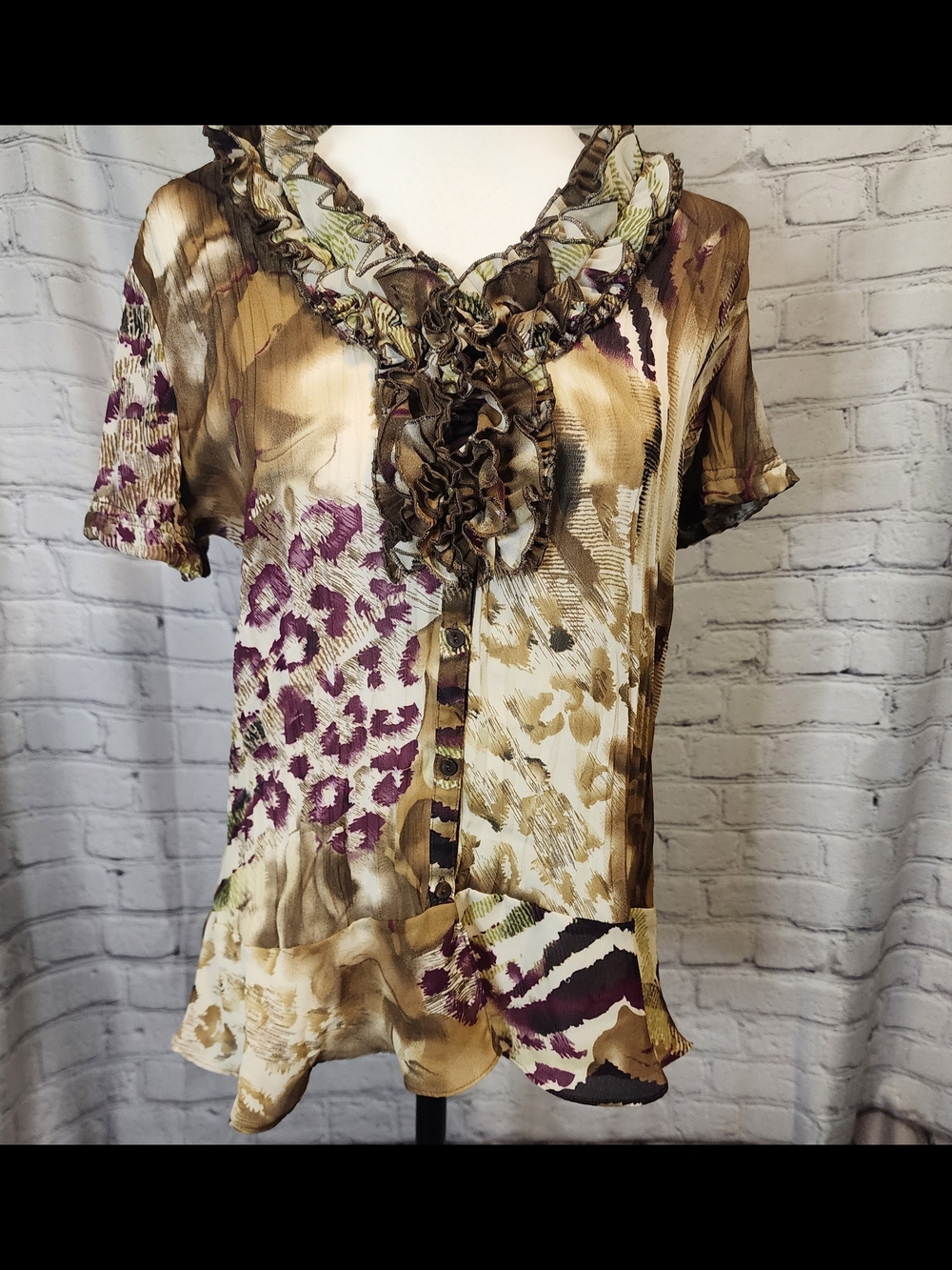 Dress Barn Brown & Purple Ruffled V-Neck Mixed Print Blouse
